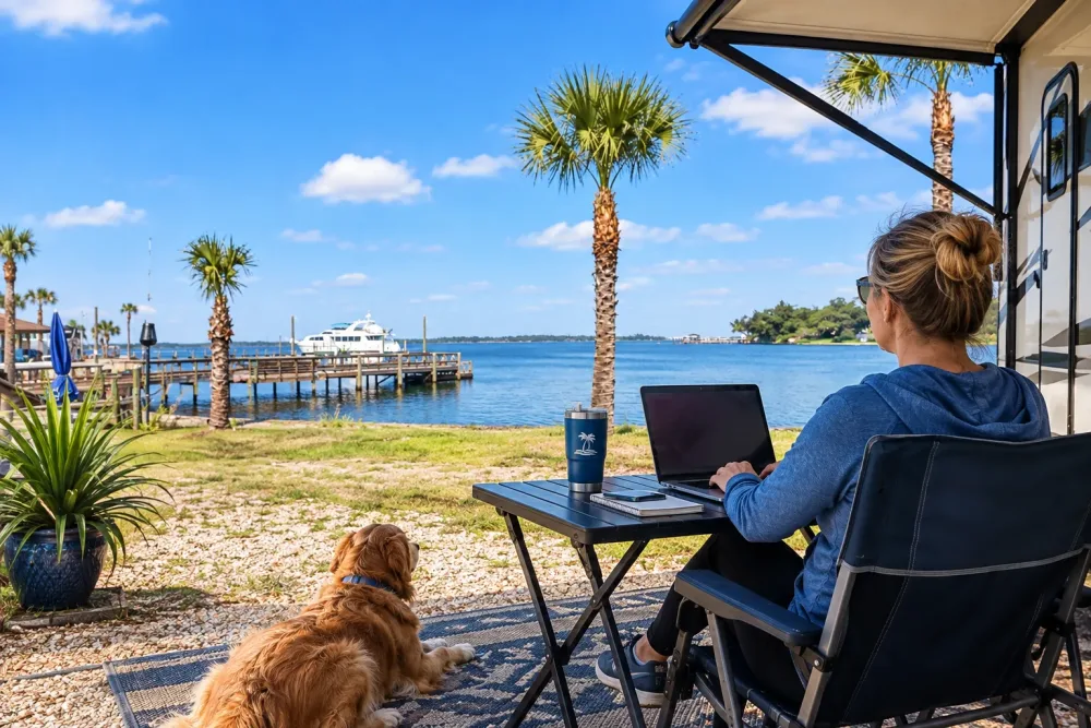Contract worker relaxing along the waterfront at Nautical Point RV Park