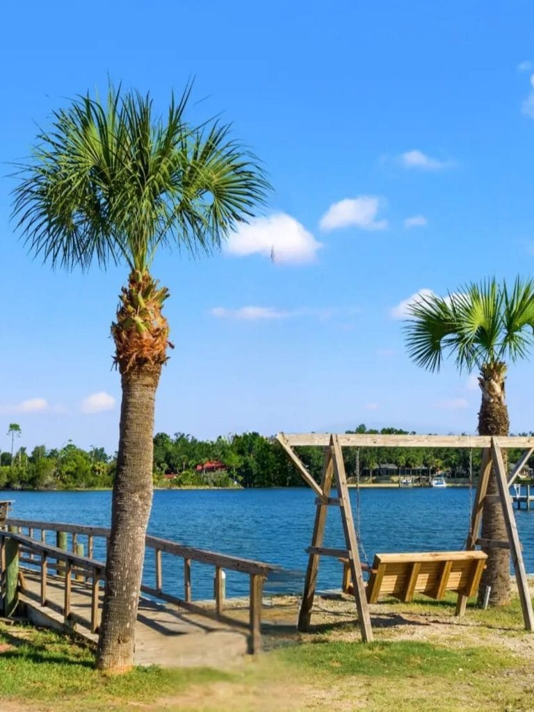 wood swing and palm trees overlooking Pitts Bayou at Nautical Rv Park in Panama City FL